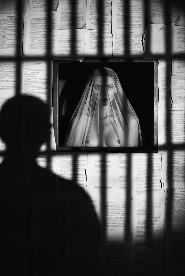 Black-and-white photograph. A veiled figure is framed inside a dark aperture cut into a wall of pinned legal documents, the whole scene crossed by heavy prison-bar shadows. A large shadowed observer stands close in the foreground at left, watching her.