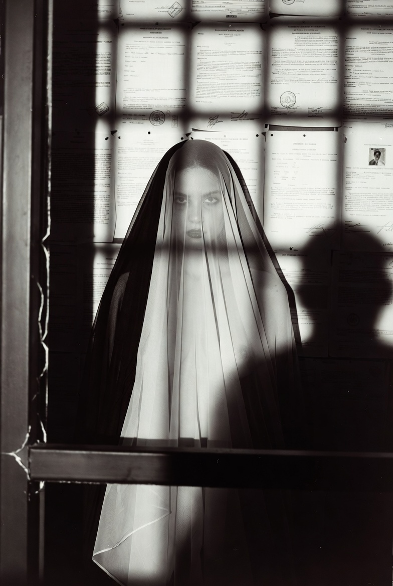 Black-and-white photograph. A veiled figure stands behind an institutional partition and meets the camera's gaze directly through the cloth. Hard, barred light falls across a wall of legal documents behind her. A second figure's shadowed head intrudes at the lower right.
